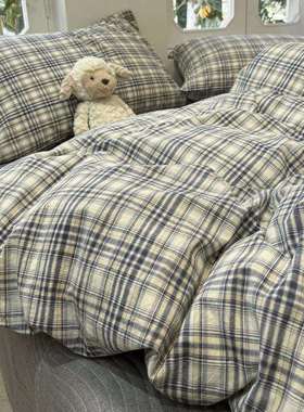 简纯床上四棉件26442套夏季全水洗棉格子被套罩床棉品床盖三件套