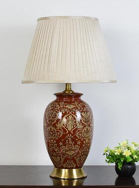 色美式复古暗红26558陶瓷灯台灯褶皱罩客厅边几室酒店样板房台灯