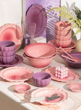 粉红紫碗碟家用新网高颜值碗盘碗清具筷新居入宅瓷餐具2Z1204025