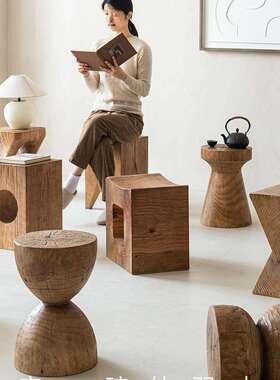 墩矮坐凳深纹理茶边几实民宿花架F995TMS7中复古摆件沙发木圆形床