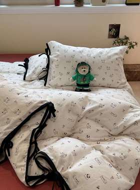 可四黑爱韩式少mushang女心绑带蝴全蝶结柔软棉床上件套纯棉被套