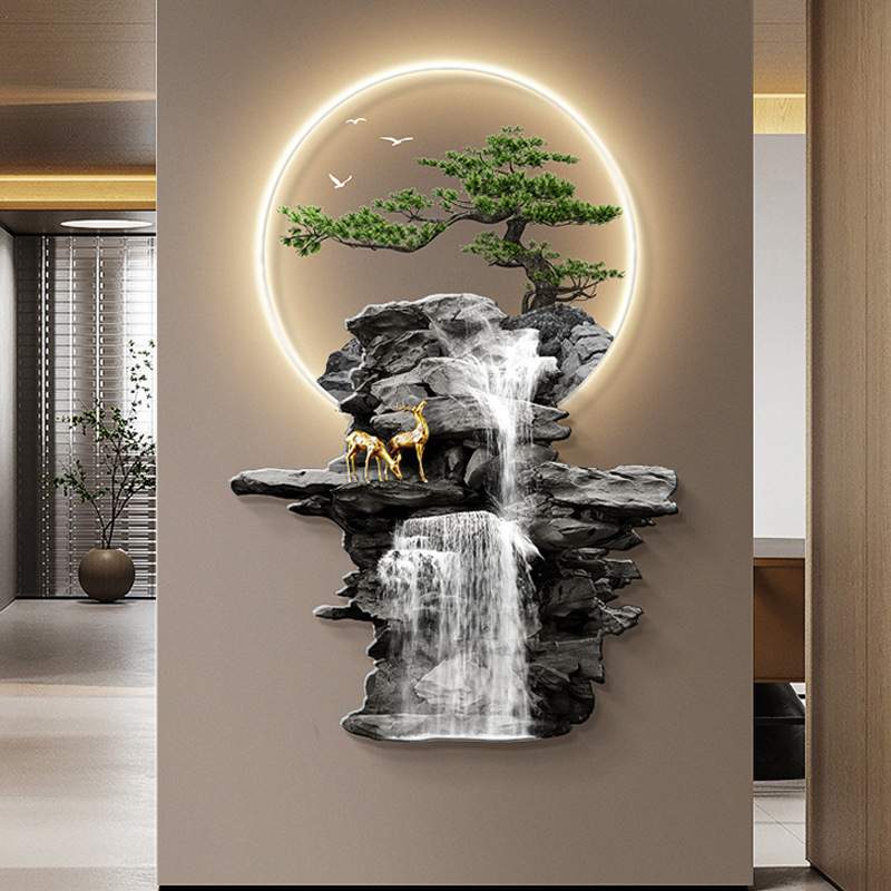流水生财玄关装饰画带灯新中式麋鹿走廊过道挂件画迎客松发光壁饰图片