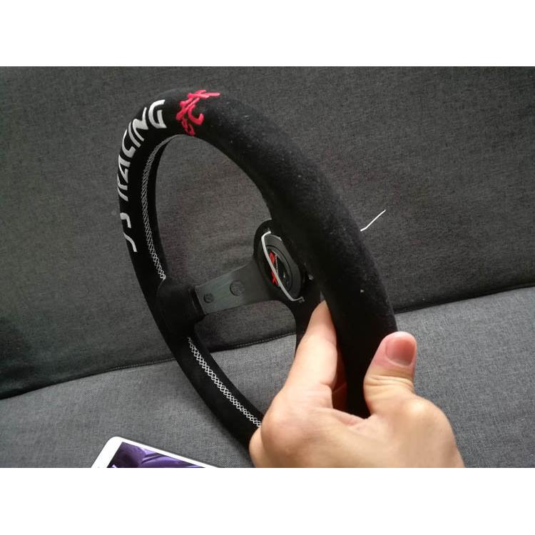 改JHS装大3凹1寸砂磨砂向盘js13方寸方向盘刺绣通用反翻毛皮磨方