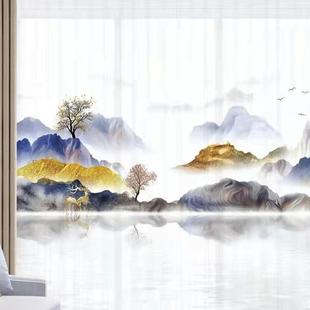 半遮F96T657T花不透人风纱帘数码 中国山水画3D光水 印窗纱古典中式