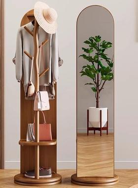 实木穿衣镜挂衣一体家用卧YPI架室玄关全镜身落感地旋转试衣镜子