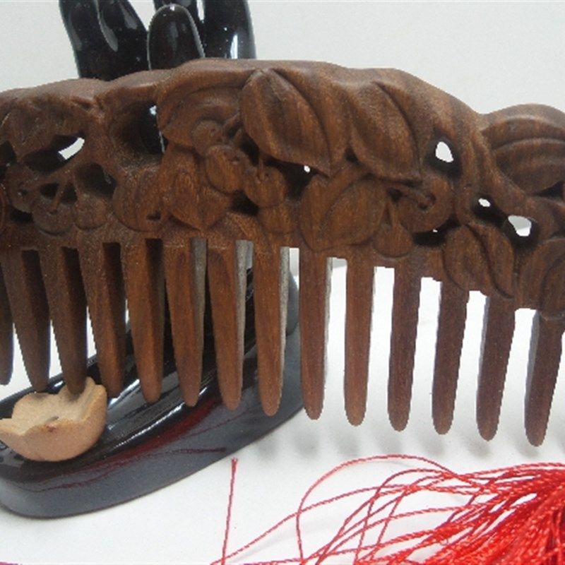 (大齿梳)绿檀木梳,绿檀雕刻雕花木梳子卷发梳烫发梳宽齿梳