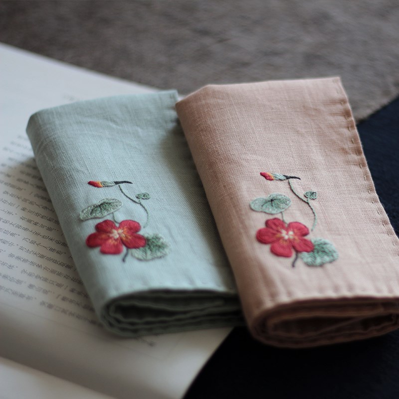 旱莲花开 纯亚麻刺绣手帕diy材料包男朋友女士吸汗手绢方巾礼物