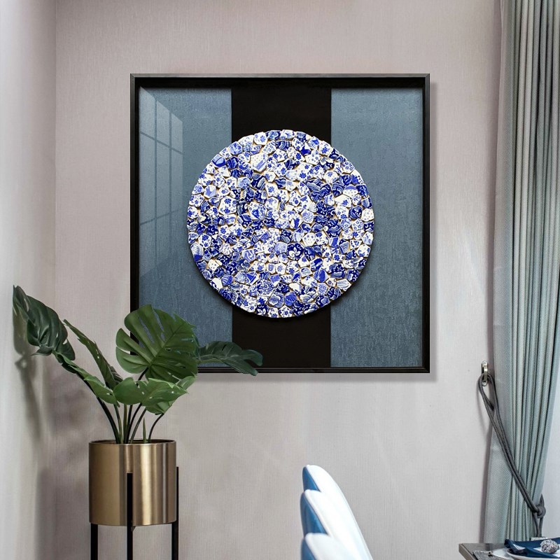 实物装饰画新中式实物画青花瓷片沙发背I景墙画客厅画手工立体挂