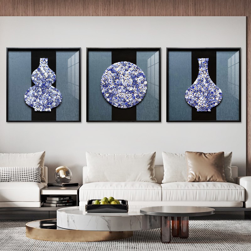 实物装饰画新中式实物画青花瓷片沙发背I景墙画客厅X画手工立体挂