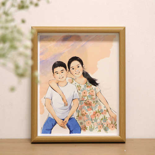 照片水彩手绘定制全家福人物画头像定制情侣结婚请柬画像礼物木框