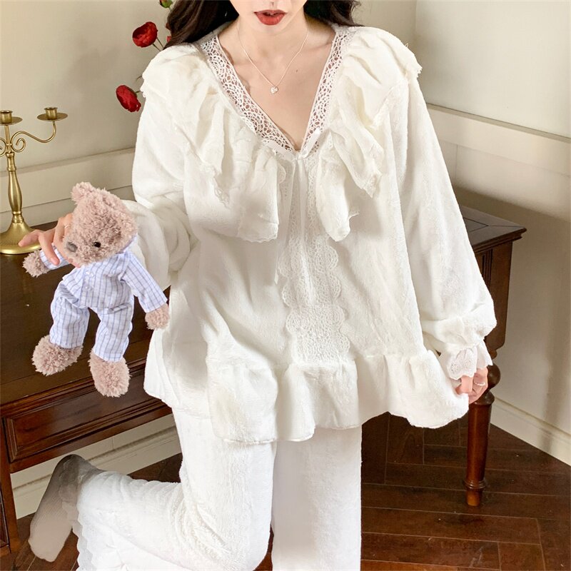 秋冬季睡衣女珊瑚绒V领花边宫廷风甜美公主风加厚舒适家居服套装