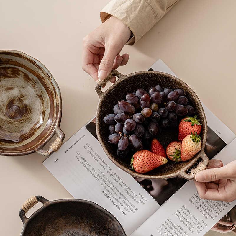 匠人手工粗陶水果盘日式家用双耳防烫圆盘摆盘餐具拉面碗手柄汤盆