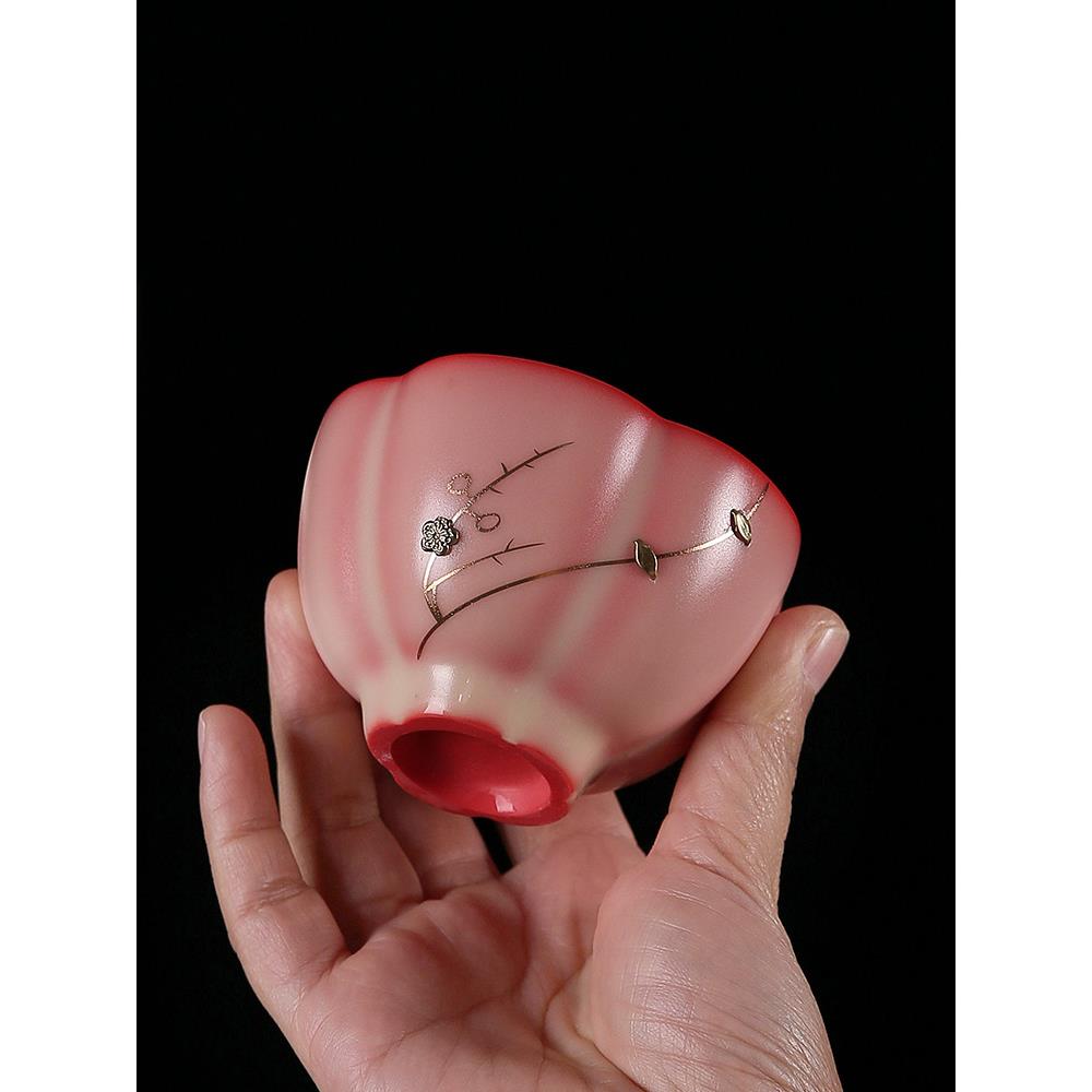 青瓷猪油冻锔钉主人杯五福杯粉红花瓣杯开片可养复古中式茶杯单盏