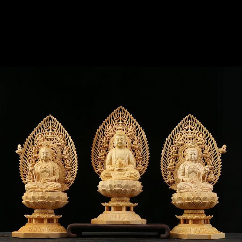 桧木雕刻坐西方三圣摆件家居供奉摆件客厅办公室装饰品木质工艺品