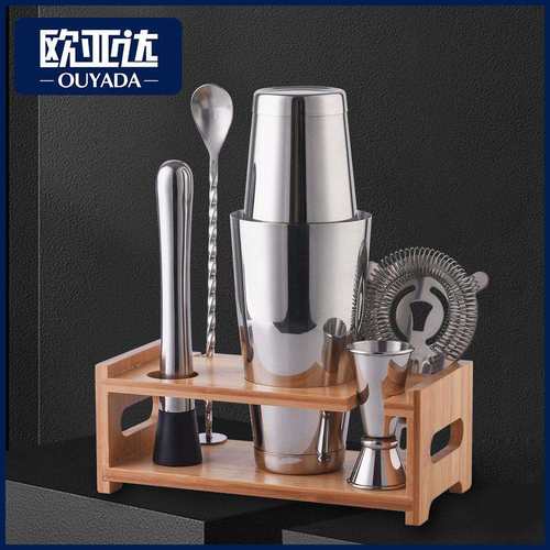 亚马逊不锈钢波士顿鸡尾酒调酒工具套装带木架底座酒吧调酒师套件