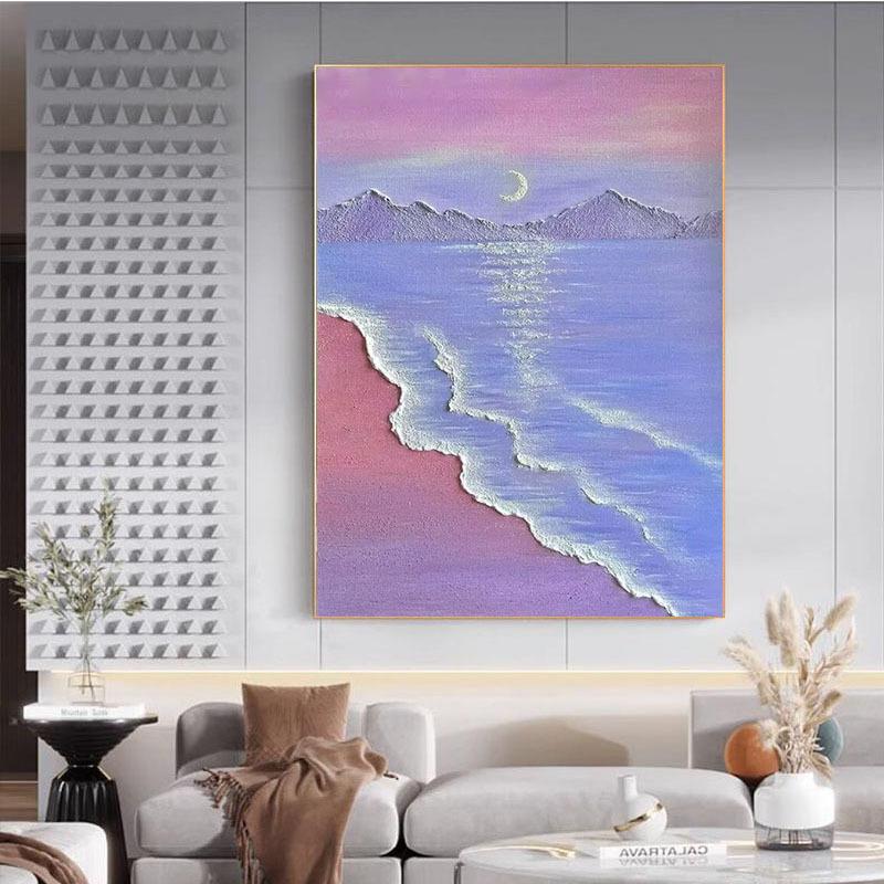 纯手绘油画梦幻粉色海景客厅卧室装饰画丙烯石英砂肌理画餐厅挂画
