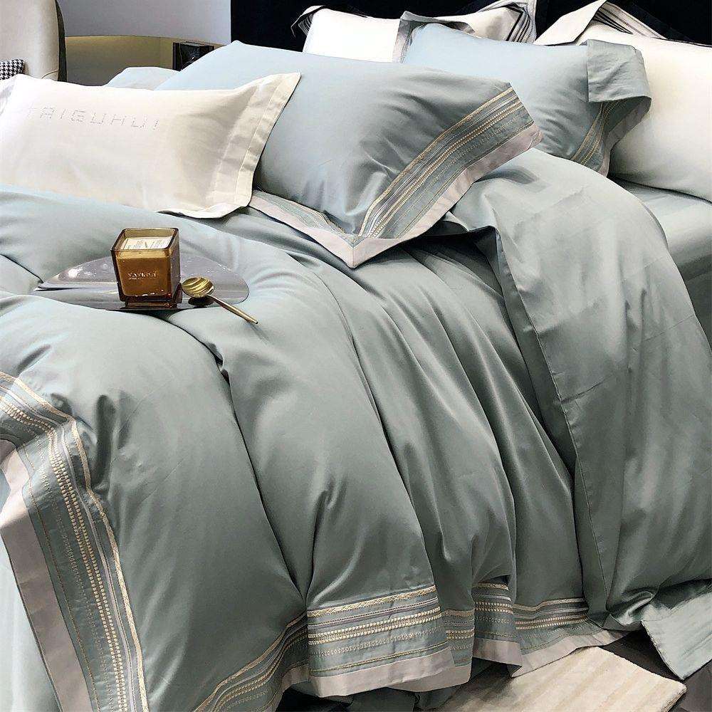 高奢奢华边条重工绣花拼边大拼角全棉100澳棉五星级酒店床上套件