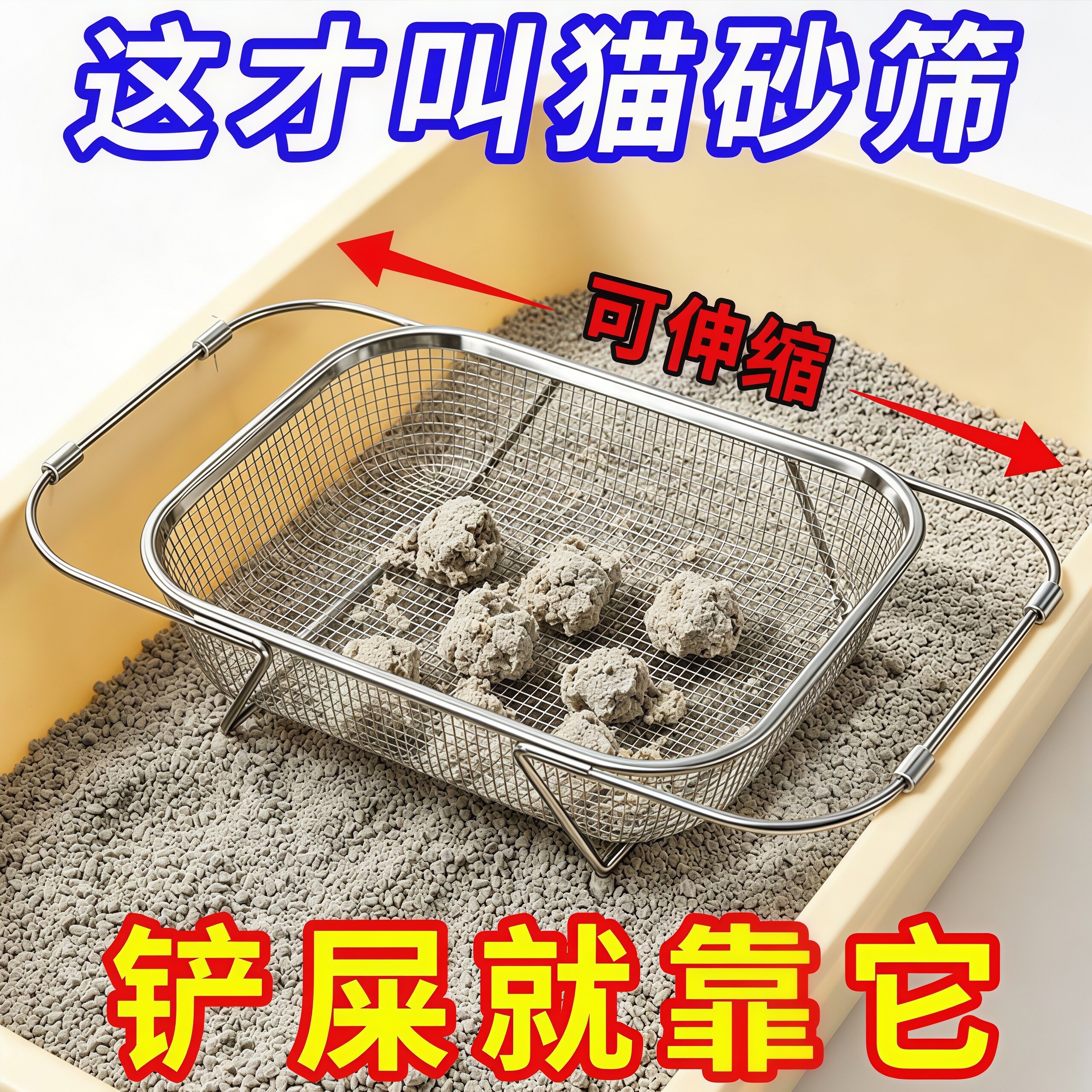 不锈钢猫砂盆可伸缩高效过滤