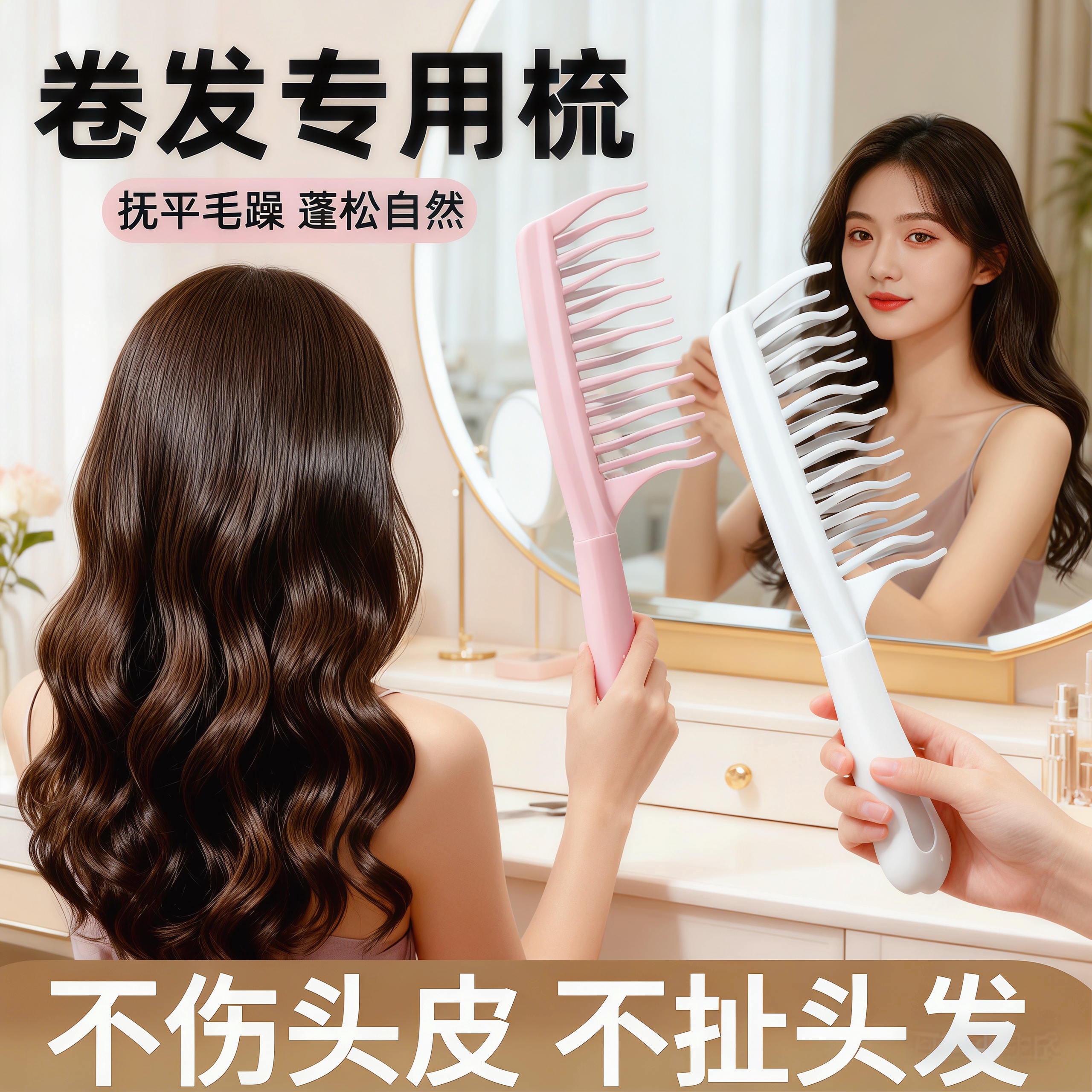 双排波浪齿卷发梳手柄头皮按摩梳蓬松梳理发店防静电卷发造型梳