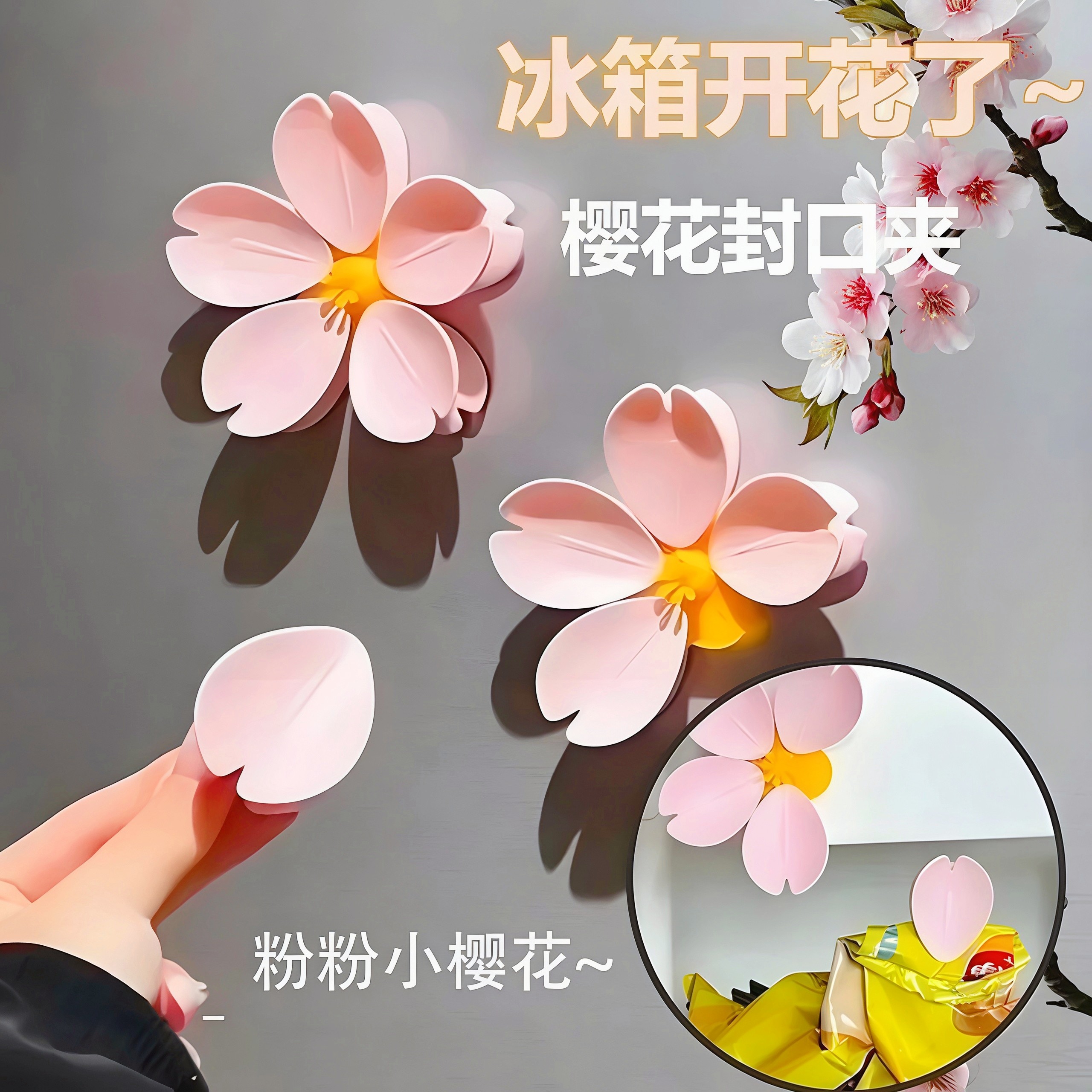 樱花磁吸封口夹冰箱贴食品袋夹子零食密封夹磁贴个性创意3d立体夹