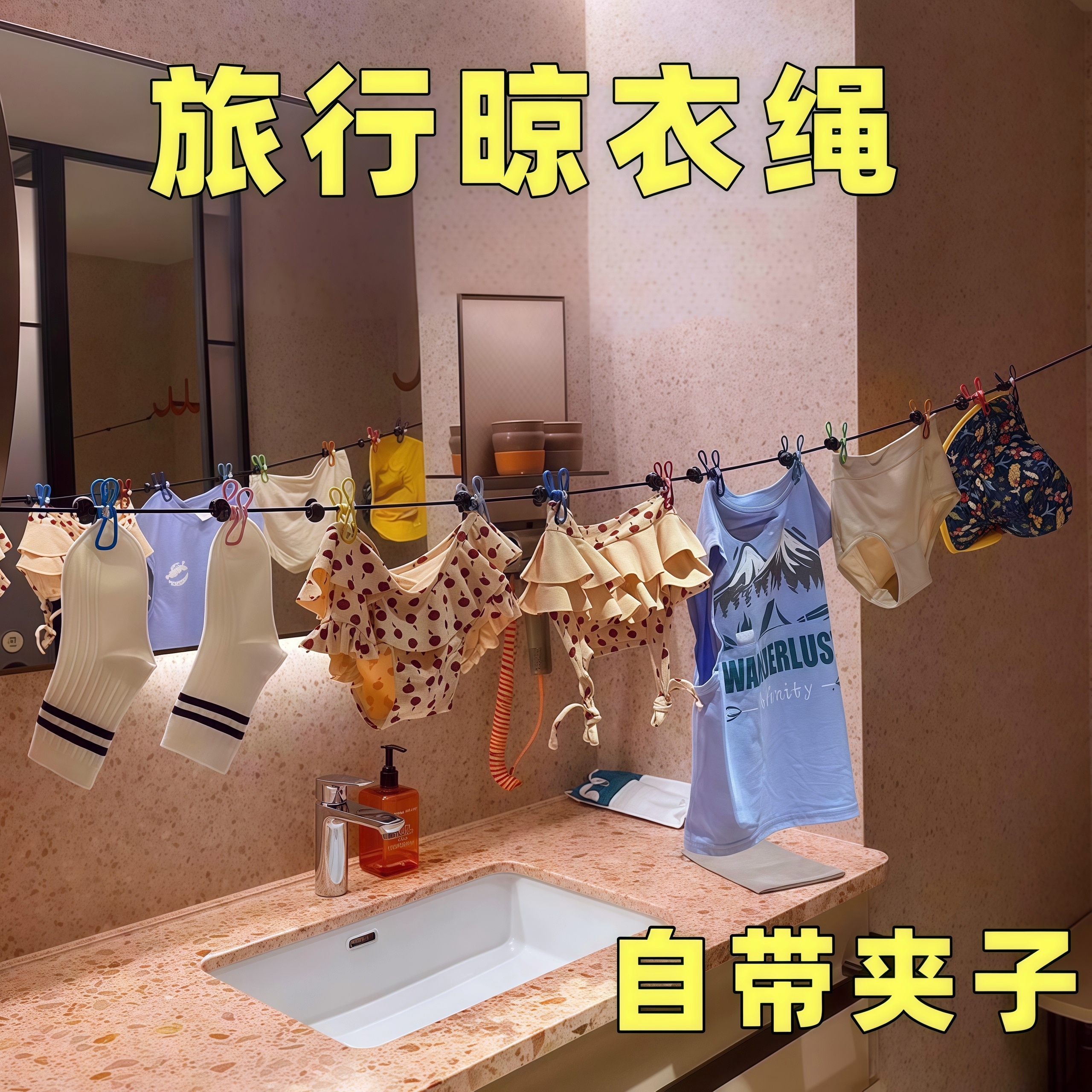 旅行晾衣绳便携晾晒夹酒店室外用