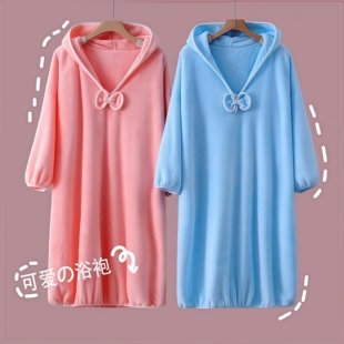 秋冬浴袍可穿浴巾女家用珊瑚绒吸水柔软速干浴裙洗澡睡袍睡衣连帽