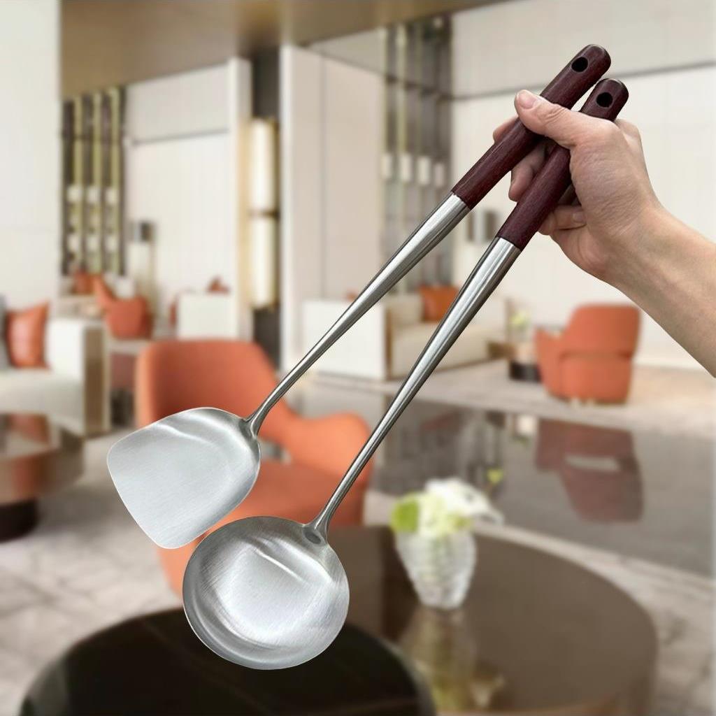 采购产品304不锈钢煎勺，家用烹饪抹刀，汤勺，延长木柄厨具，厨