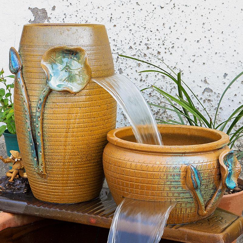 循环水养鱼流水瀑布过滤器造景全套鱼池生态陶瓷摆件陶罐古法鱼缸