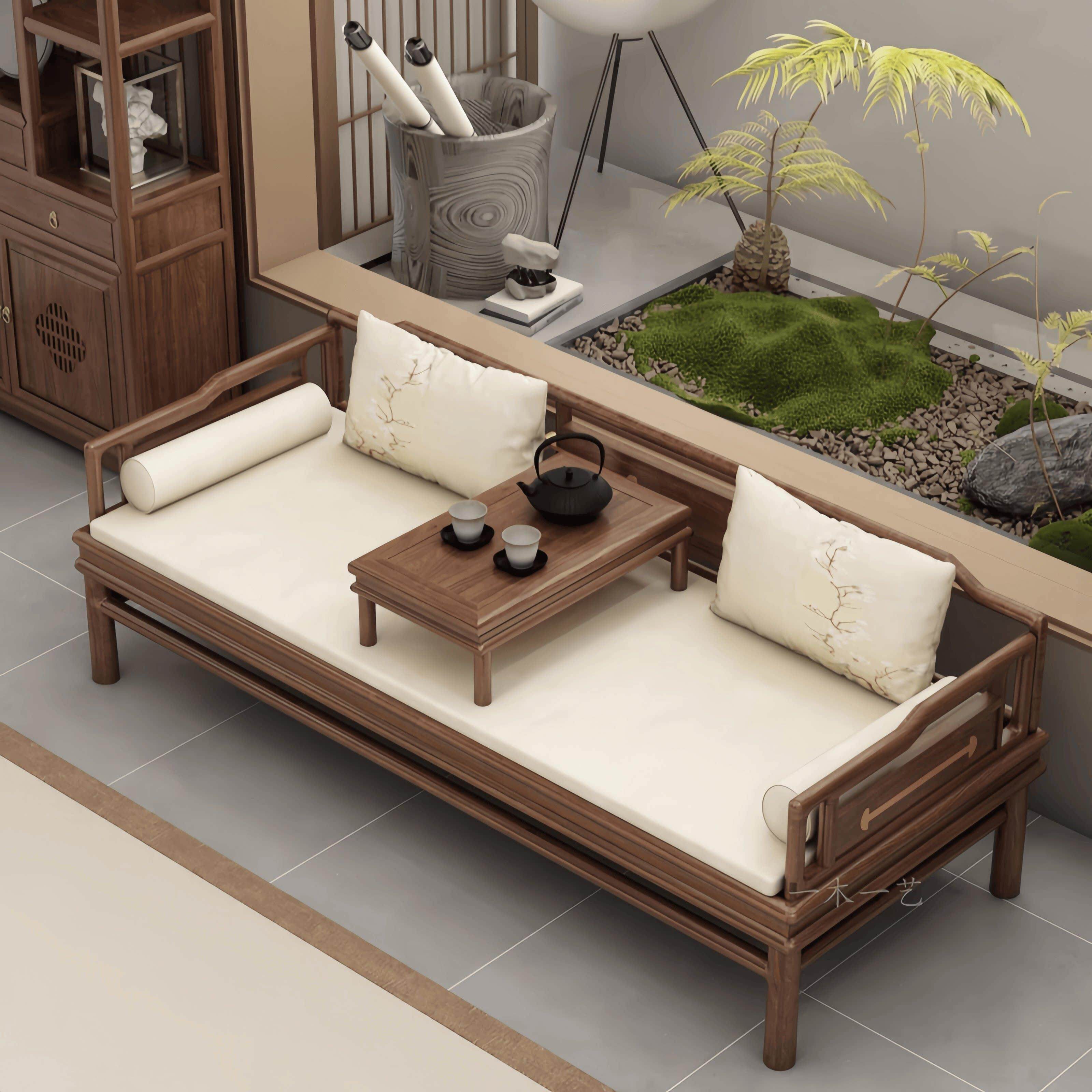 新中式罗汉床实木推拉床宋氏美学贵妃躺椅简约小户型客厅沙发组合