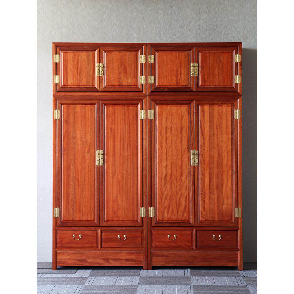 新中式实木大衣柜四门雕花衣帽收纳柜金紫檀双门三门四门顶箱柜