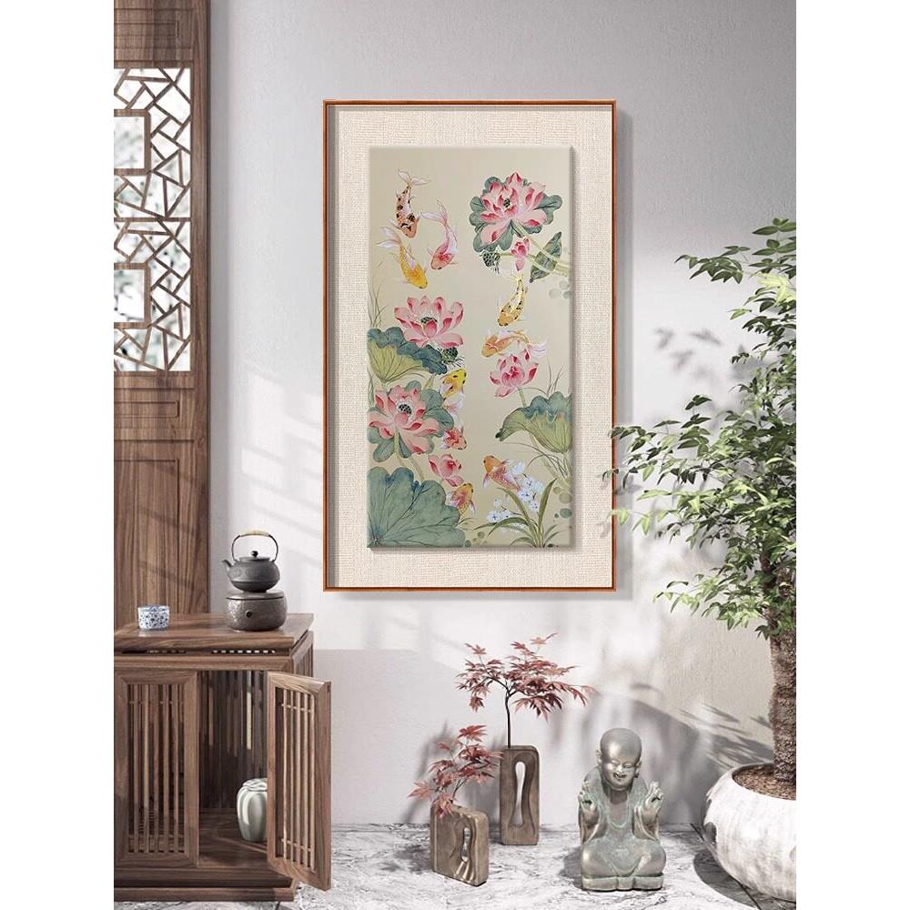 新中国风鲤鱼莲花九鱼图入口装饰画荷叶荷花聚集财富客厅对门挂画