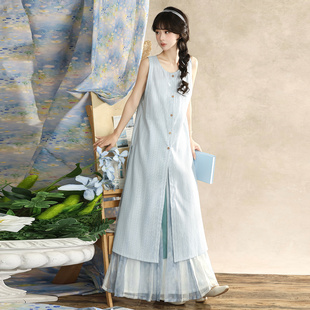 新款【染蓝】宋制国风无袖方领对襟上衣原创汉服女显瘦日常春夏款