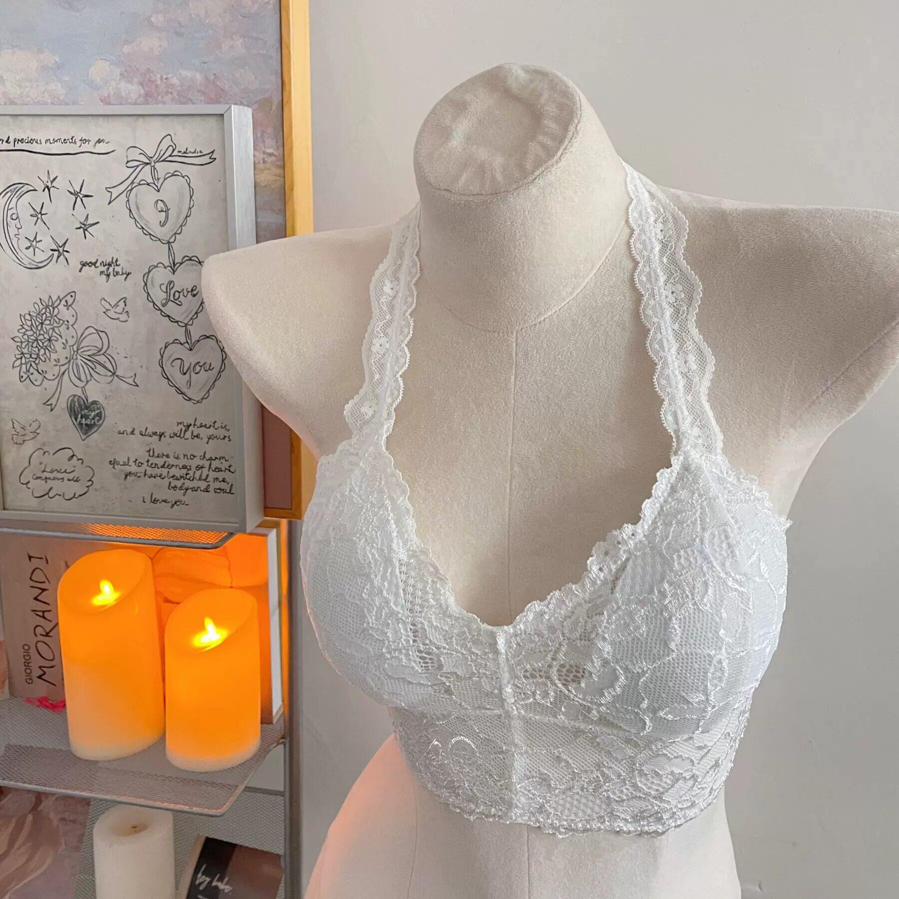法式白色挂脖蕾丝内搭内衣夏季薄小胸少女纯欲裹胸美背背心式文胸