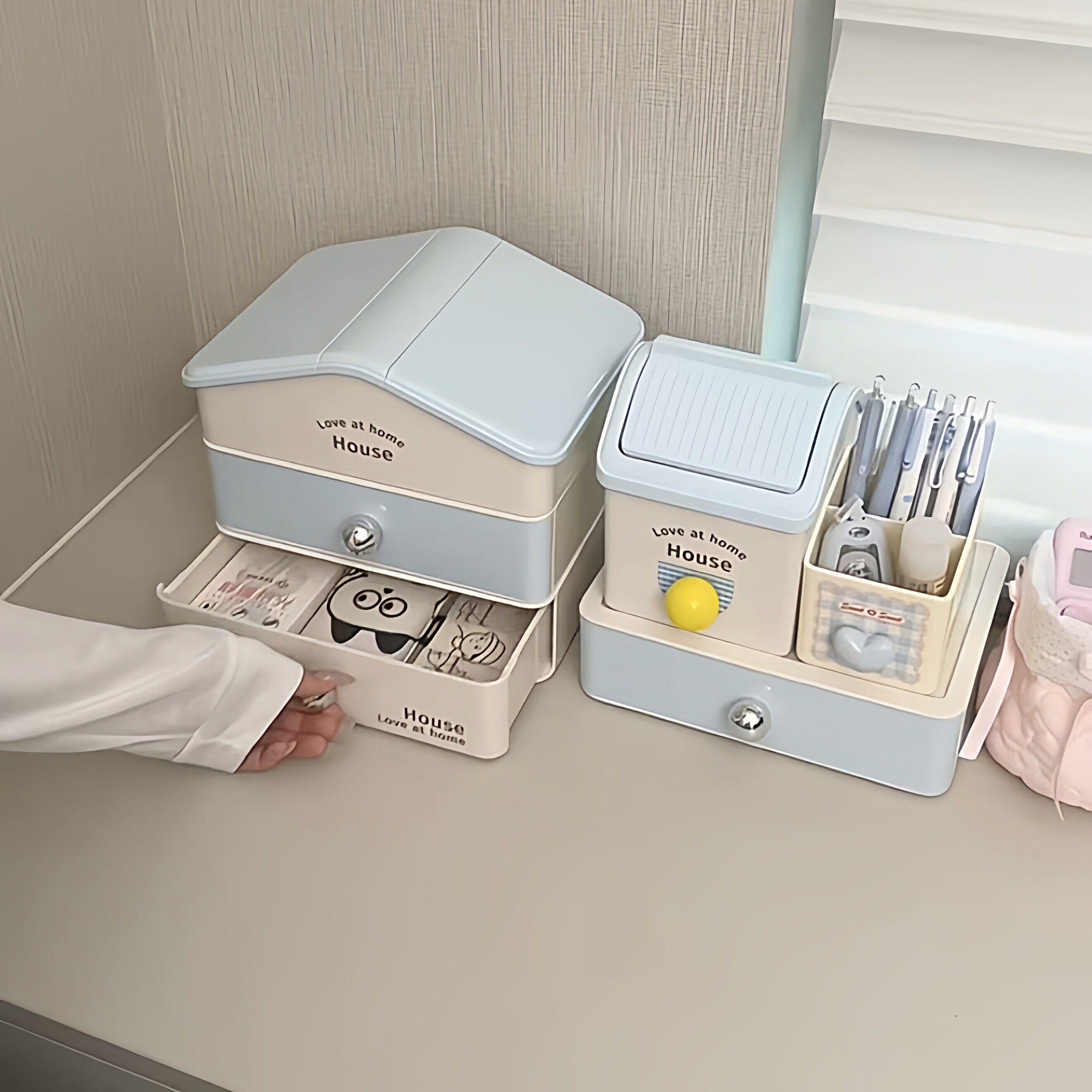 小房子收纳盒家用桌面多功能化妆品收纳盒抽屉式文具收纳盒储物盒