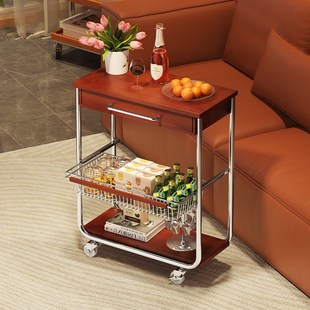 可移动实木边几收纳中古小推车客厅沙发储物柜零食置物架简约餐车