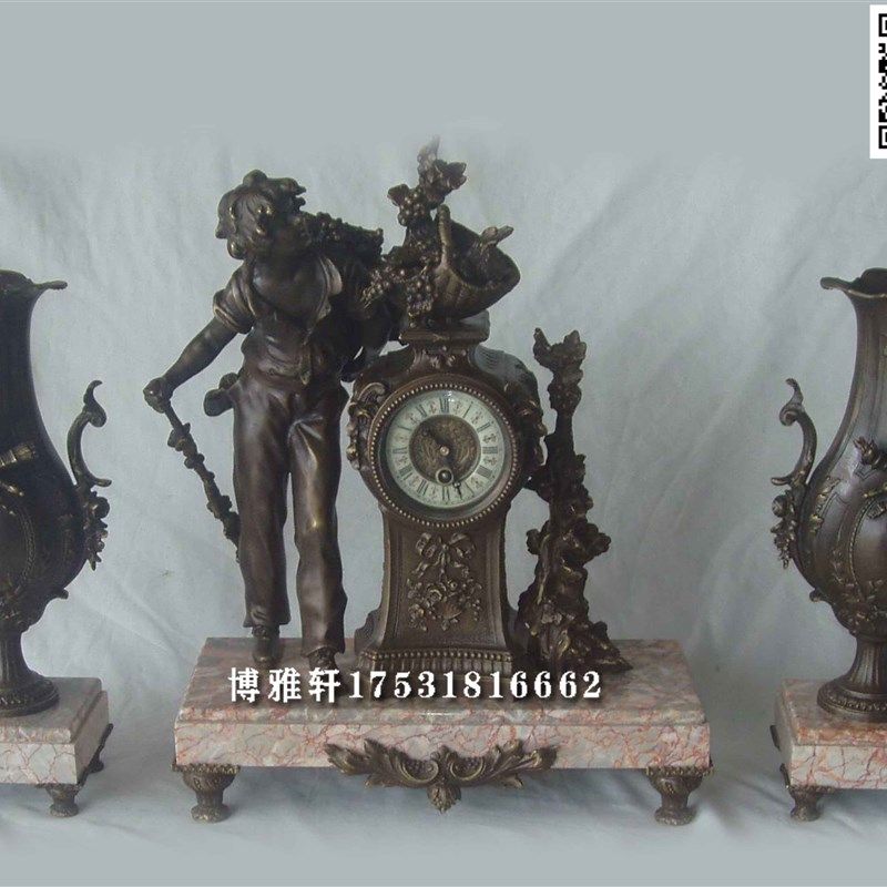 钟表古典铸铜理石机械发条老式座钟欧式花瓶整套壁炉条案家居客厅