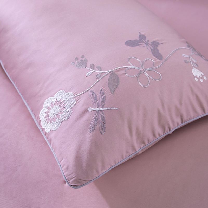 烟灰粉刺绣全棉被套单件纯棉斜纹被罩双人秋冬绣花床上四件套婚庆