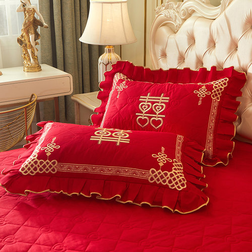 中式婚嫁全棉婚庆大红四件套床裙款刺绣花喜被套结婚床上用品