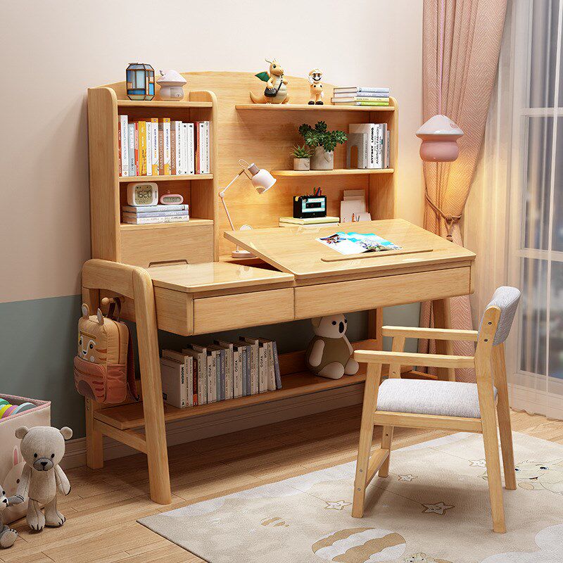 桌面可调节实木书桌卧室女孩学习写字桌粉色儿童升降桌椅套装学生