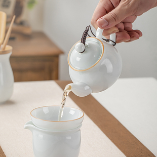 家用简约办公室茶船盖碗斗笠茶杯茶壶整套 甜白瓷功夫茶具茶盘套装