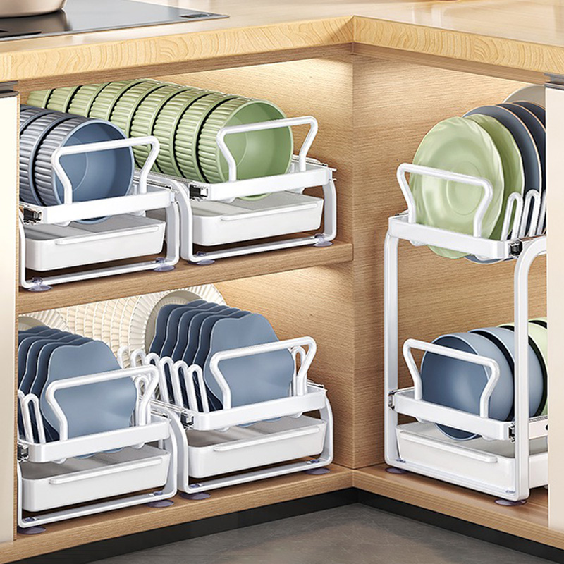 厨房碗碟收纳层架整体橱柜内置抽拉碗架置物架分隔拉篮免安装沥水