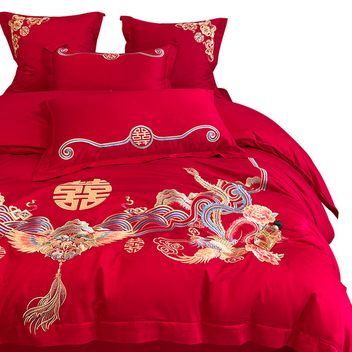 新中式100支婚庆四件套大红色喜被龙凤刺绣被套新婚结婚床上用品4