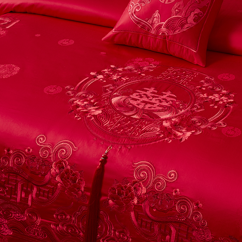 140s支全棉结婚四件套新婚大红色刺绣床上用品婚庆六十件套喜被子