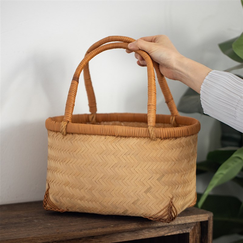 日式手作藤编手提篮美食拍照户外收纳篮家用买菜蓝野餐水果篮子