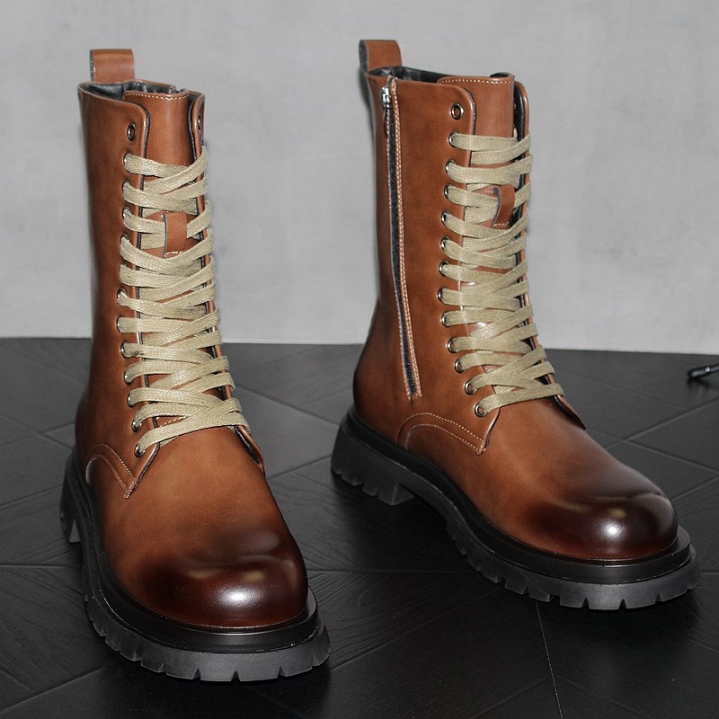 潮男长筒马丁靴男鞋春秋擦色做旧靴子男高帮短靴酒红色单靴内增高