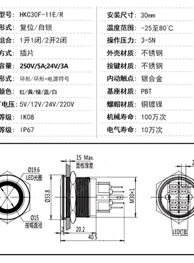 不锈钢按钮开关30mm 红色带灯24V 1开1闭 防水 启动开关 机柜开关