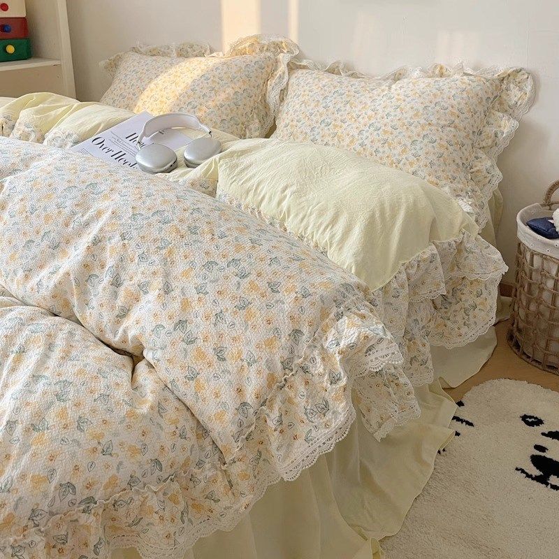 田园小碎花蕾丝花边柔软全棉四件套纯棉床单床裙全包围宿舍三件套