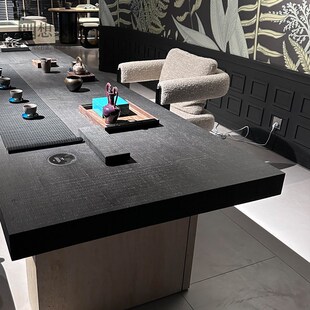 新中式实木茶桌现代别墅极简黑色办公室商务家用天然洞石岛台茶台