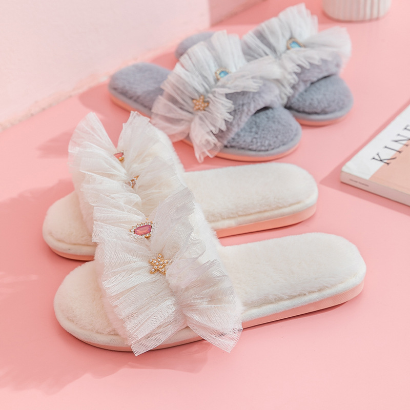 梦幻纱纱 韩版春秋居家用室内四季防滑可爱公主风开口毛绒拖鞋女