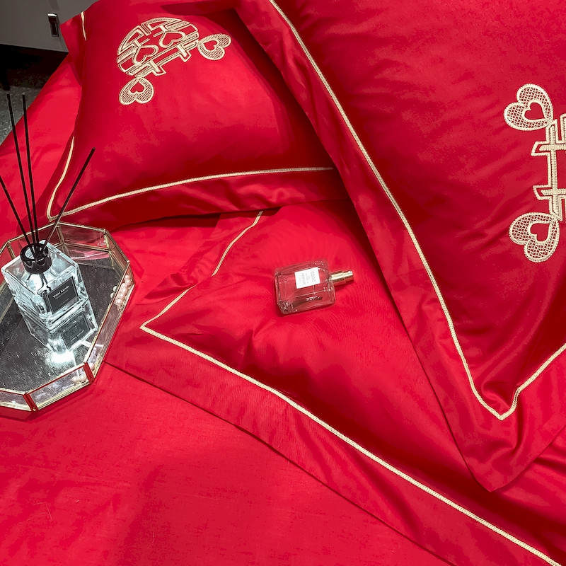 纯棉婚庆四件组h床上用品大红色新婚全棉床单被套结婚陪嫁喜被床